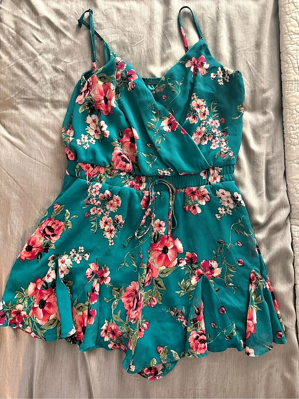 Floral Mini romper  in Green & Pink Like New